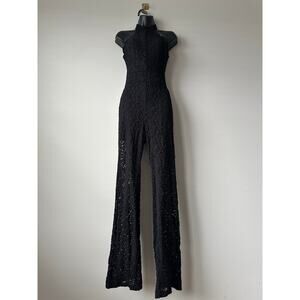 Vintage Y2K Bebe Black Lace Halter Jumpsuit Wide Leg Made USA Size 4